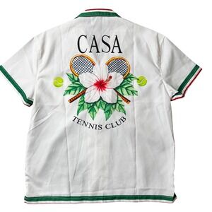 Casablanca Tennis Club White Short Sleeve Button Up Shirt Green Red Stripe Mens